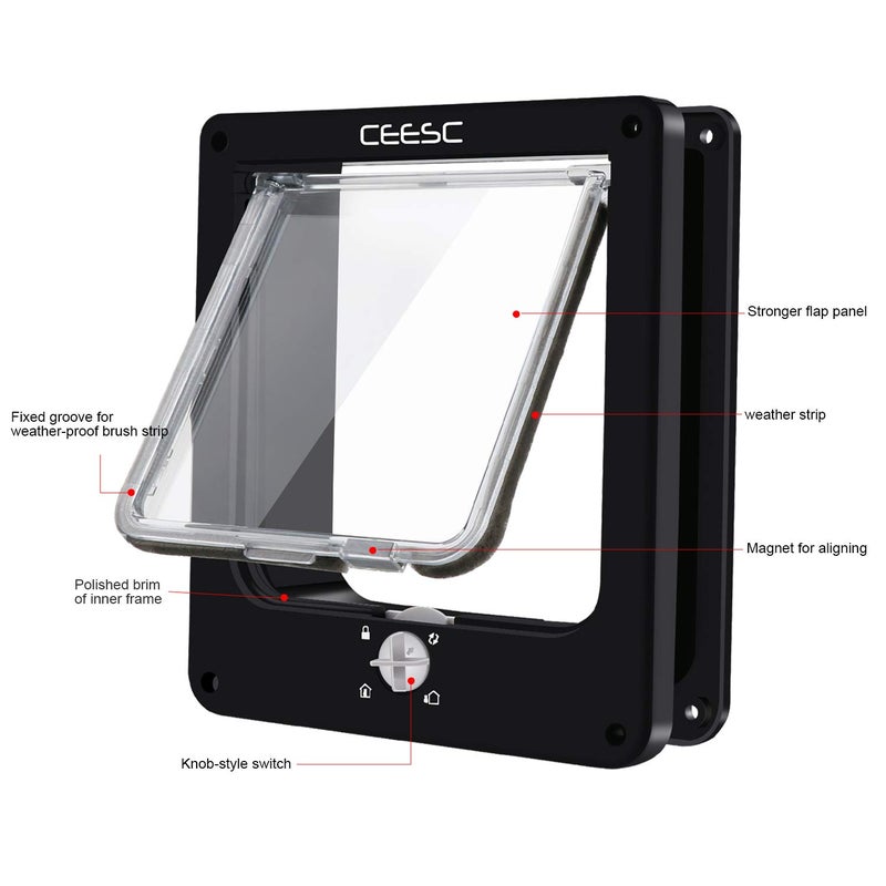 CEESC Large Cat Door for Interior/Exterior Door, Weatherproof, Black, Rotary 4 Way Locking Pet Door for Cats & Dogs with Circumference < 23.62", Upgraded Version - Image 5